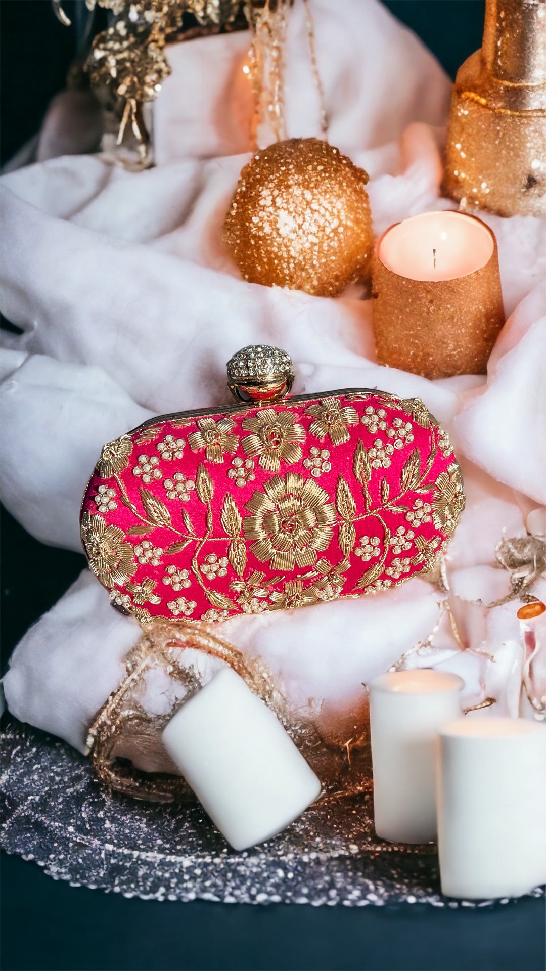 Floral Dabka Clutch Bag - Magenta Pink