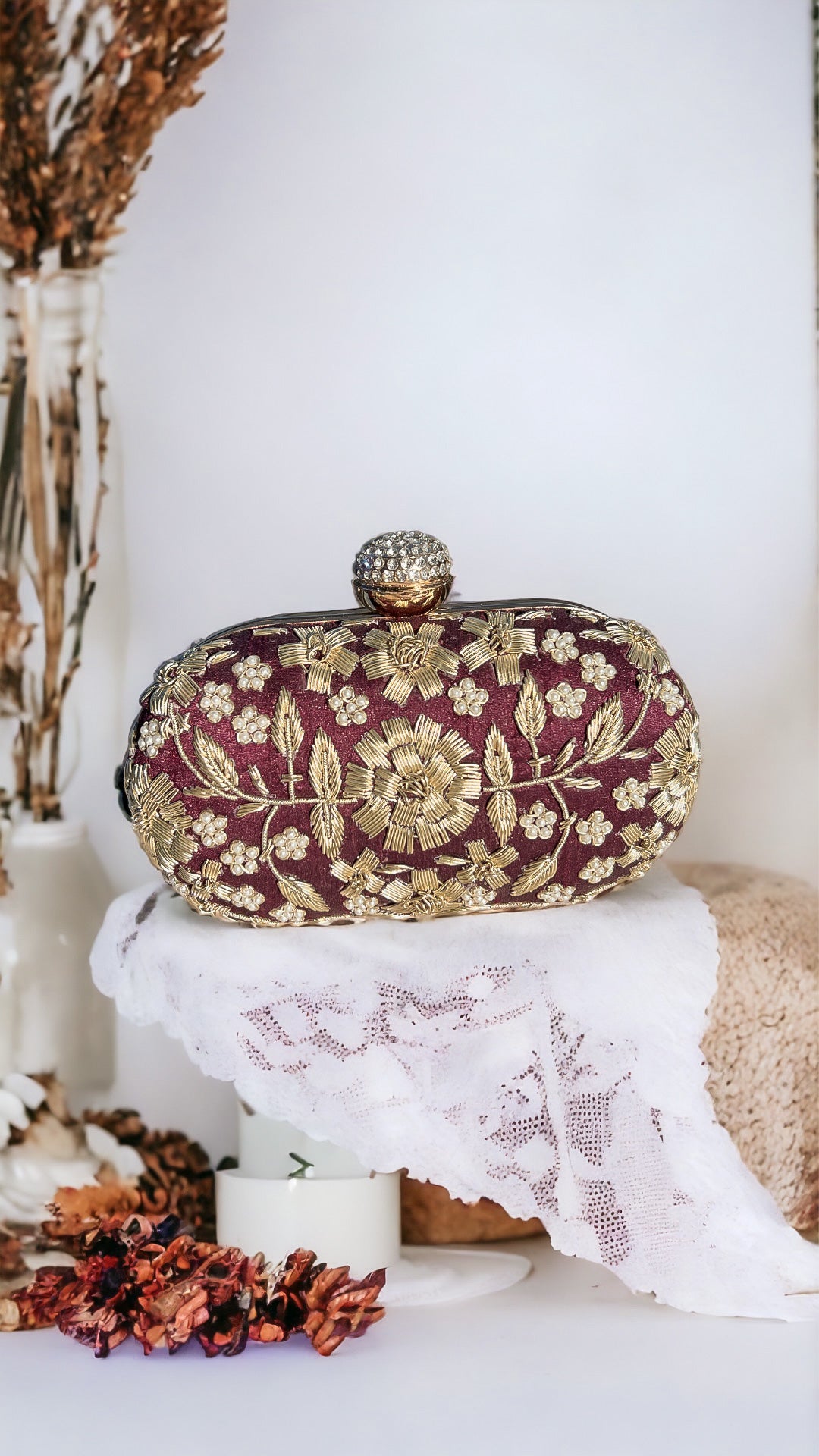 Floral Dabka Clutch Bag - Dark Wine
