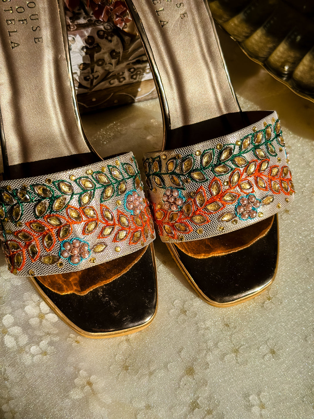 Classic Embroidered Party Wear Heels - Rose Gold