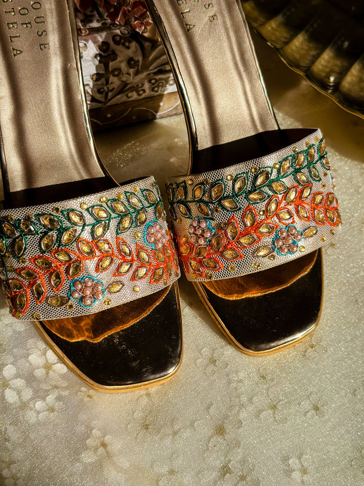 Classic Embroidered Party Wear Heels - Rose Gold