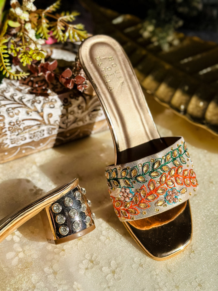 Classic Embroidered Party Wear Heels - Rose Gold
