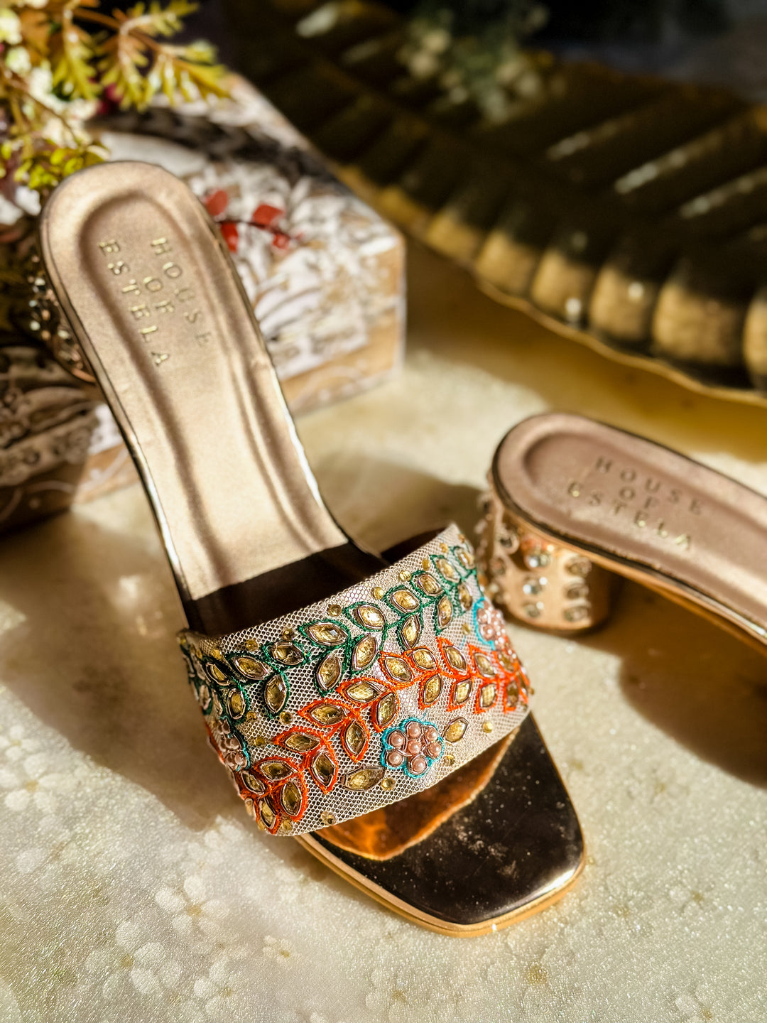 Classic Embroidered Party Wear Heels - Rose Gold