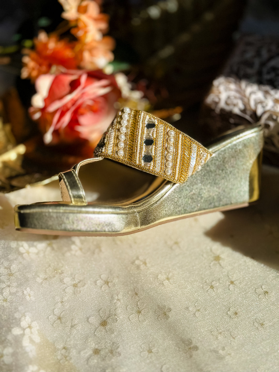 Sparkle Golden Kolhapuri Wedge Heel