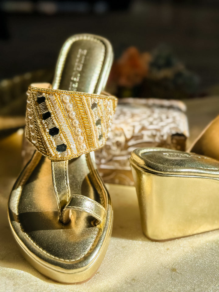 Sparkle Golden Kolhapuri Wedge Heel