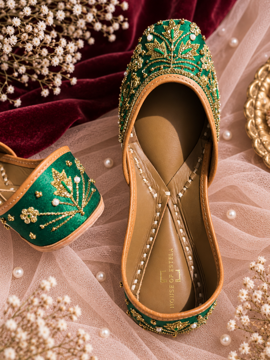 Bagh Green Punjabi Jutti — Dabka & Cutdana Embroidered Flats