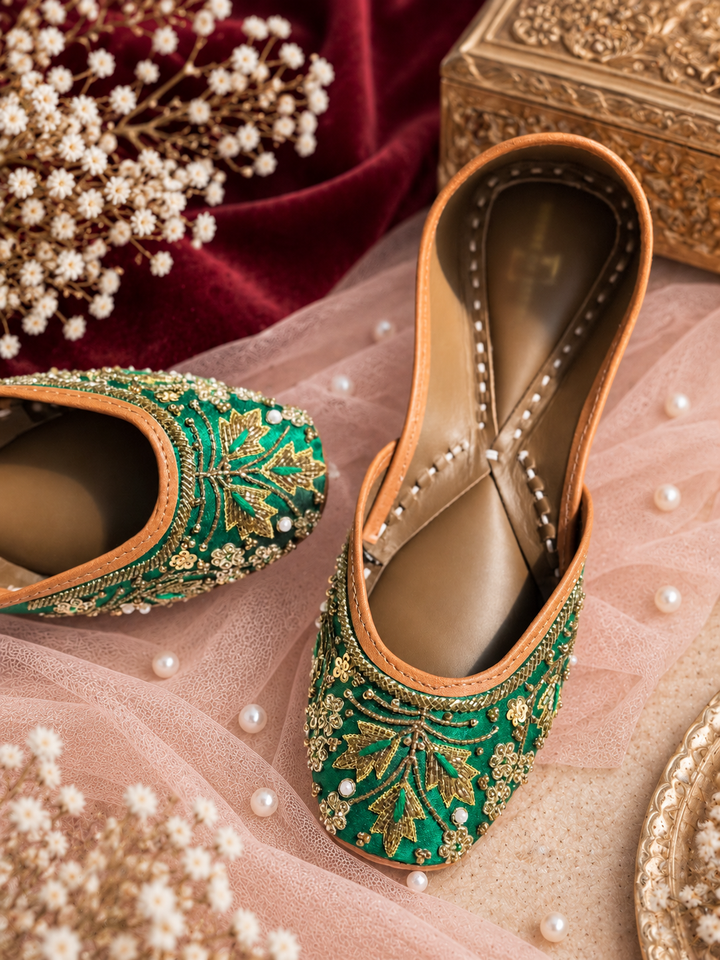 Bagh Green Punjabi Jutti — Dabka & Cutdana Embroidered Flats