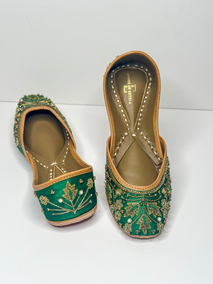 Bagh Green Punjabi Jutti — Dabka & Cutdana Embroidered Flats