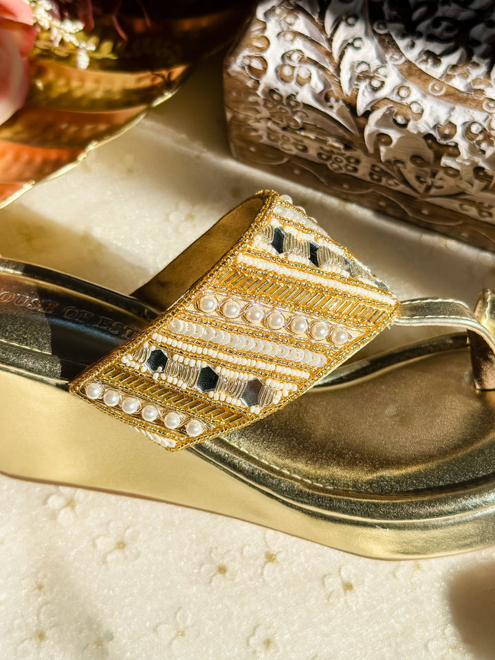 Sparkle Golden Kolhapuri Wedge Heel