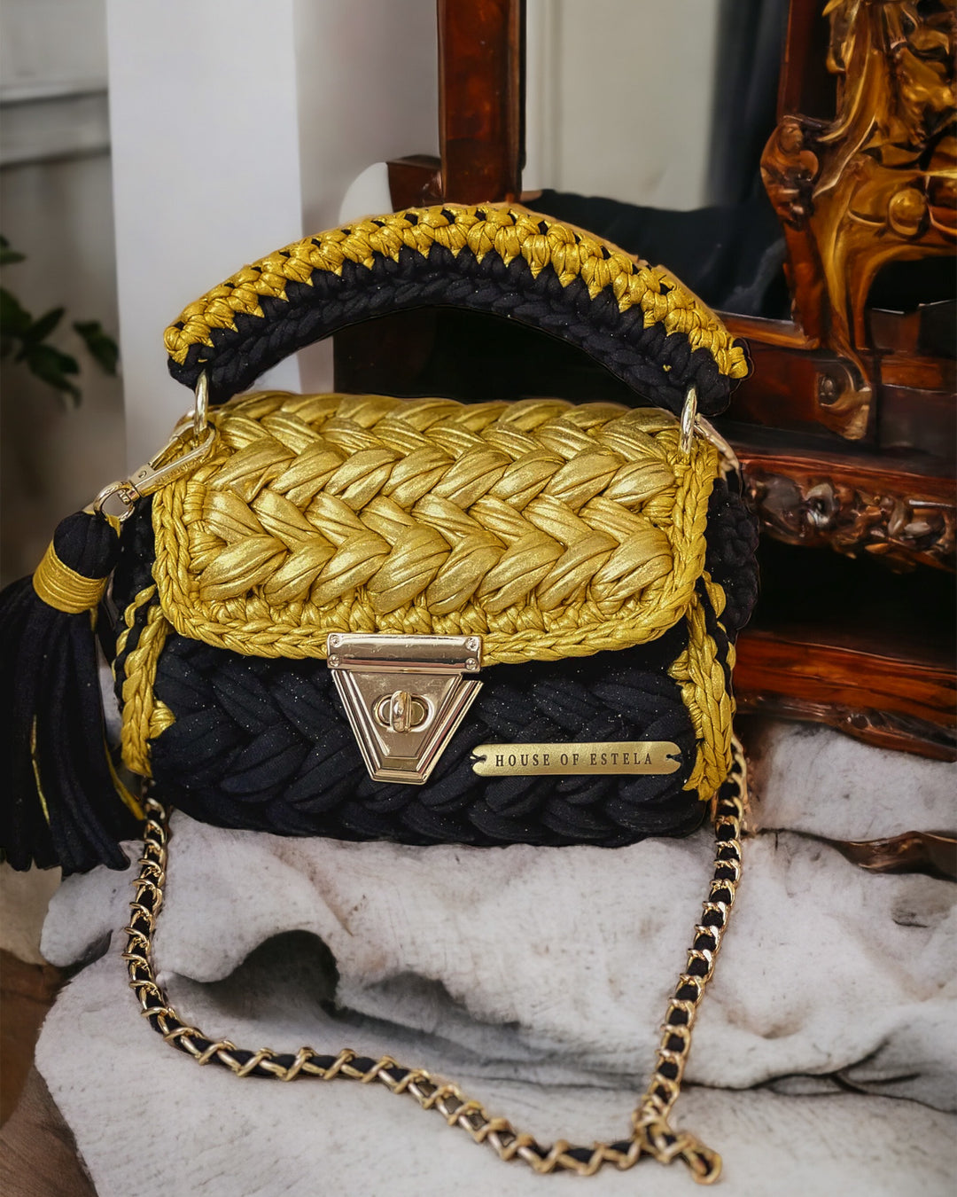 Black Half Metallic Crochet Bag